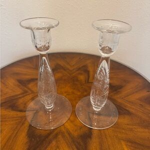 Pair of Antique Hawkes American Brilliant Cut Candle Holders Acid Etched Mark